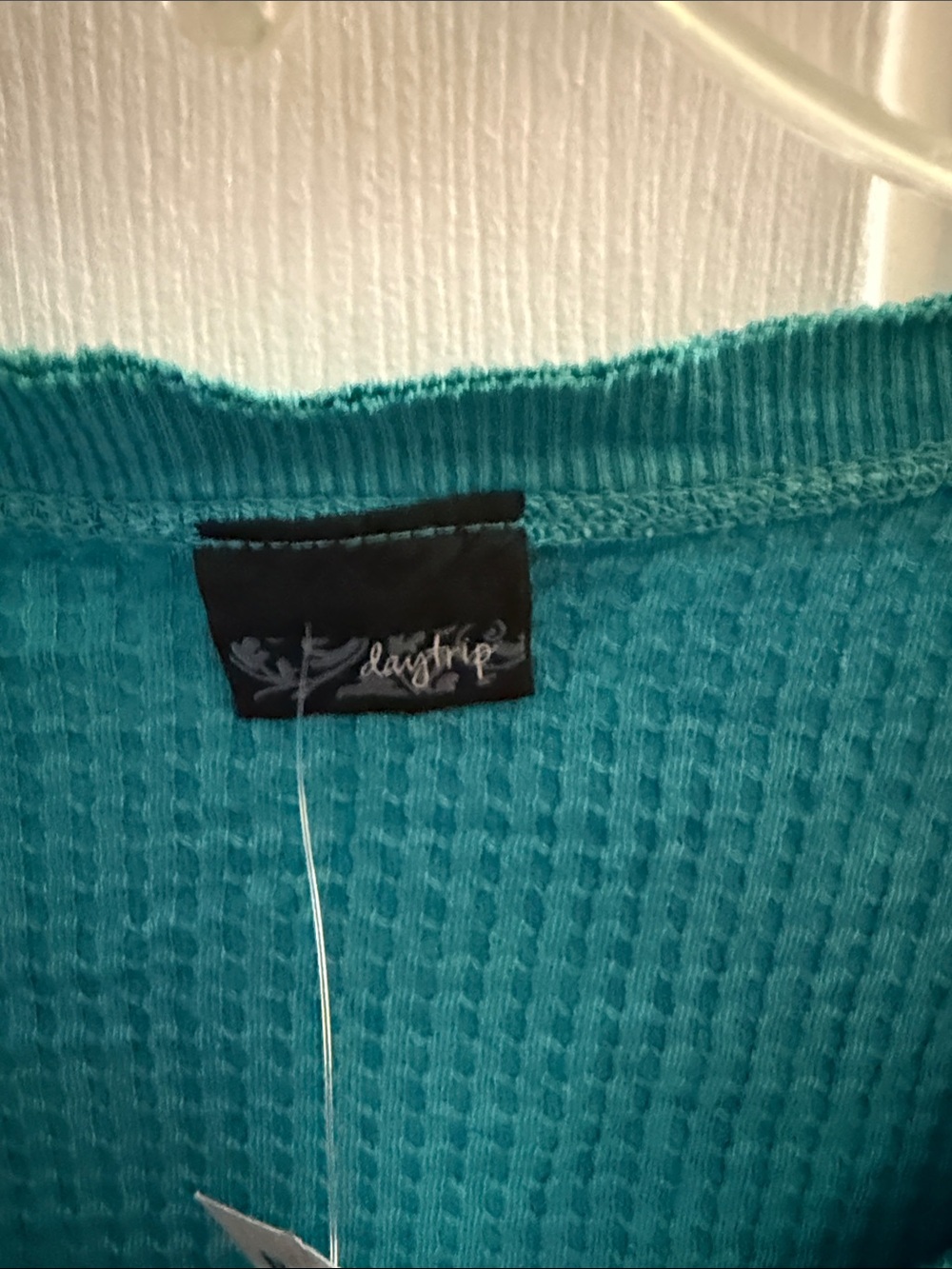 Daytrip Teal Waffle-Knit Long Sleeve Scoop Neck Graphic Top - Picture 3 of 4